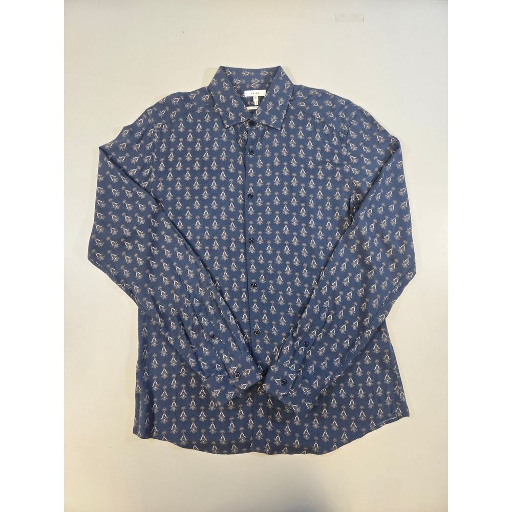 Reiss Mens XL Slim Fit Navy Blue Geometric Paisley Viscose Button Down Shirt